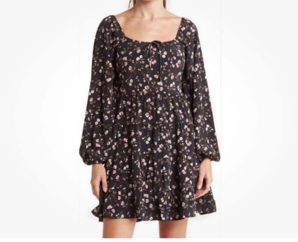 WAYF Plaza Tiered Long Sleeve Floral Mini Dress Size S